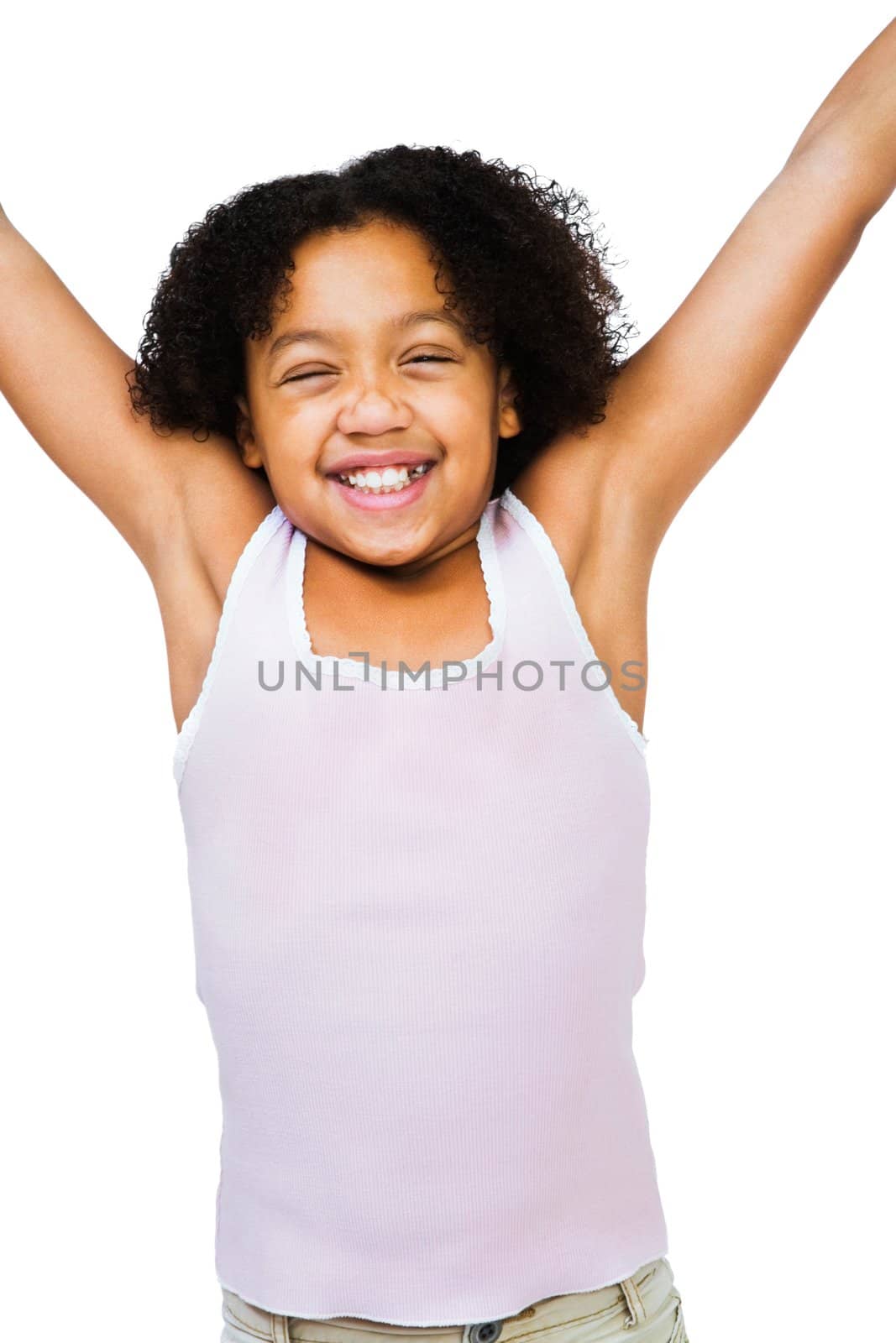 Close-up of a happy girl with her arms raised isolated over white