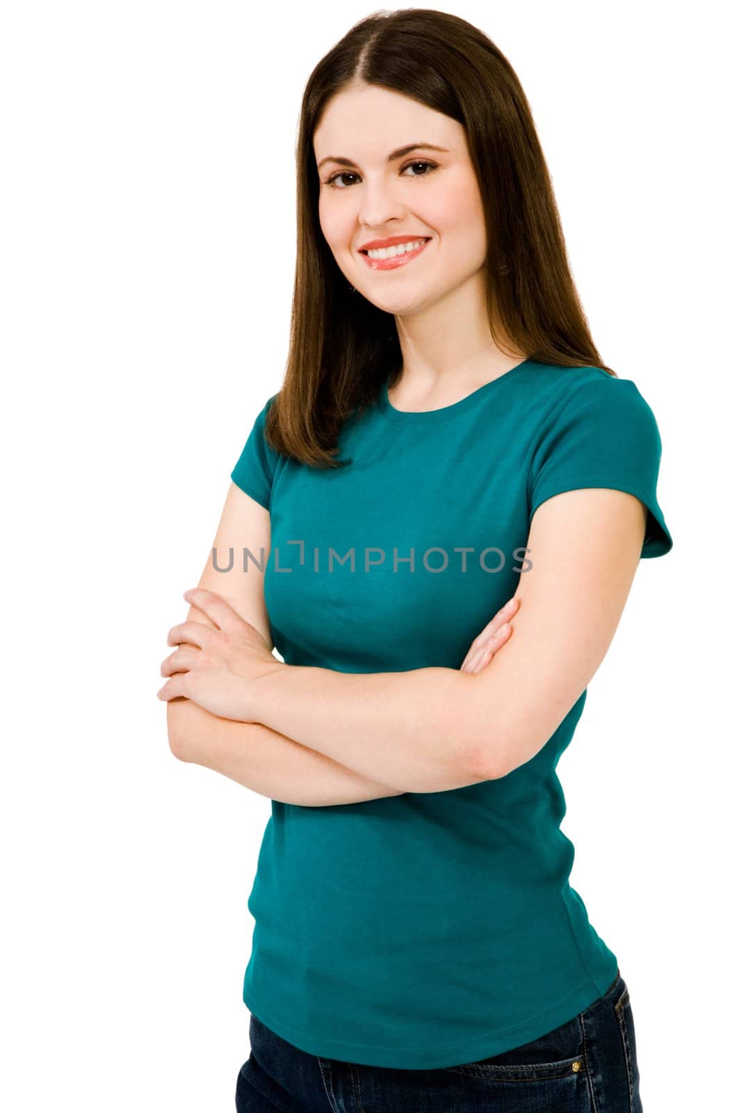 Smiling young woman posing isolated over white