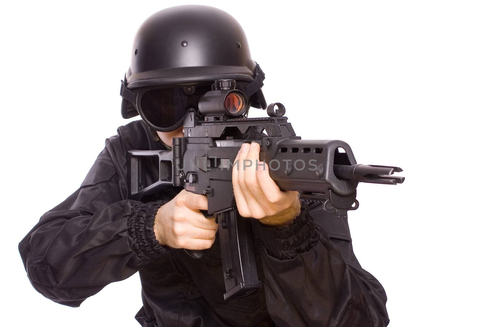 one soldier with the gun in the hands on a white background