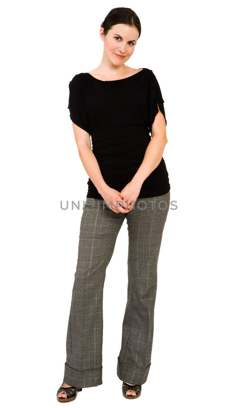 Portrait of a young woman posing and smiling isolated over white