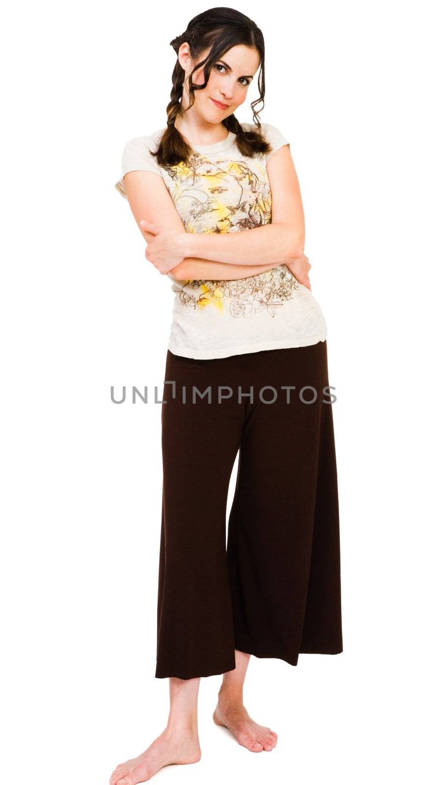 Woman posing and smiling isolated over white