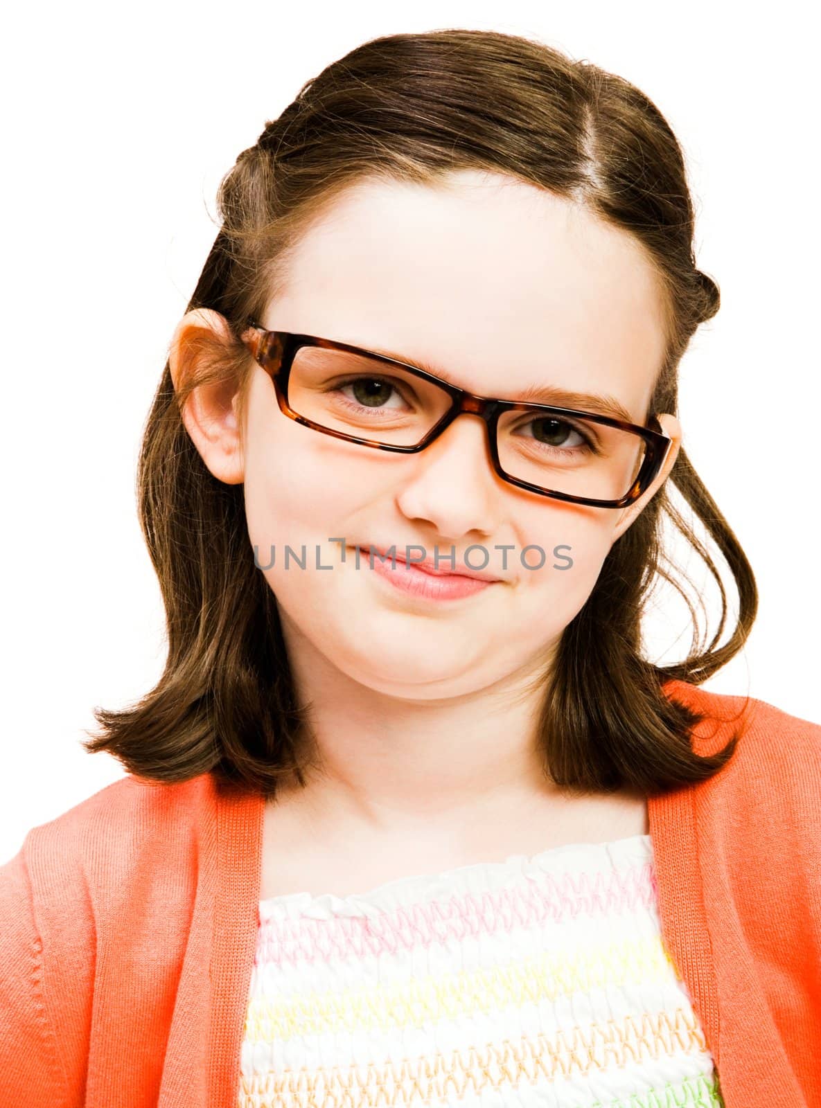 Close-up of a girl smiling isolated over white