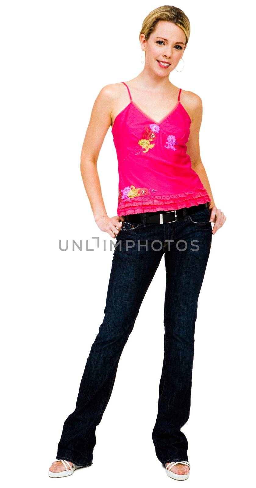 Woman posing and smiling isolated over white