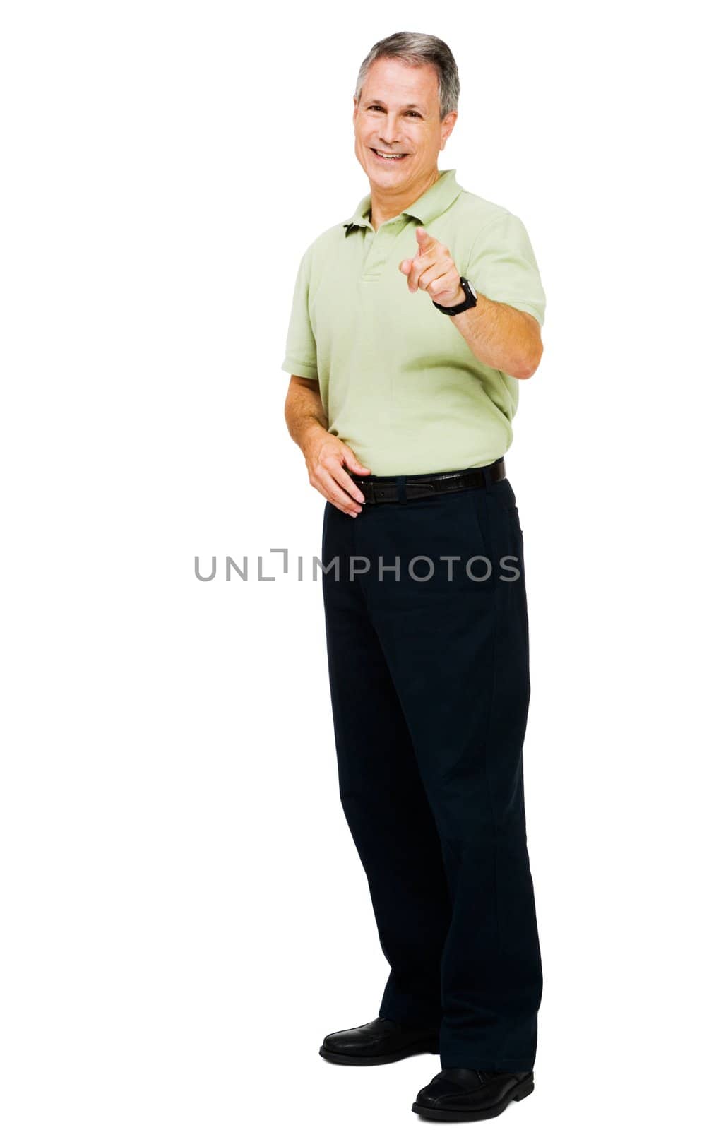 Portrait of a man standing and pointing isolated over white