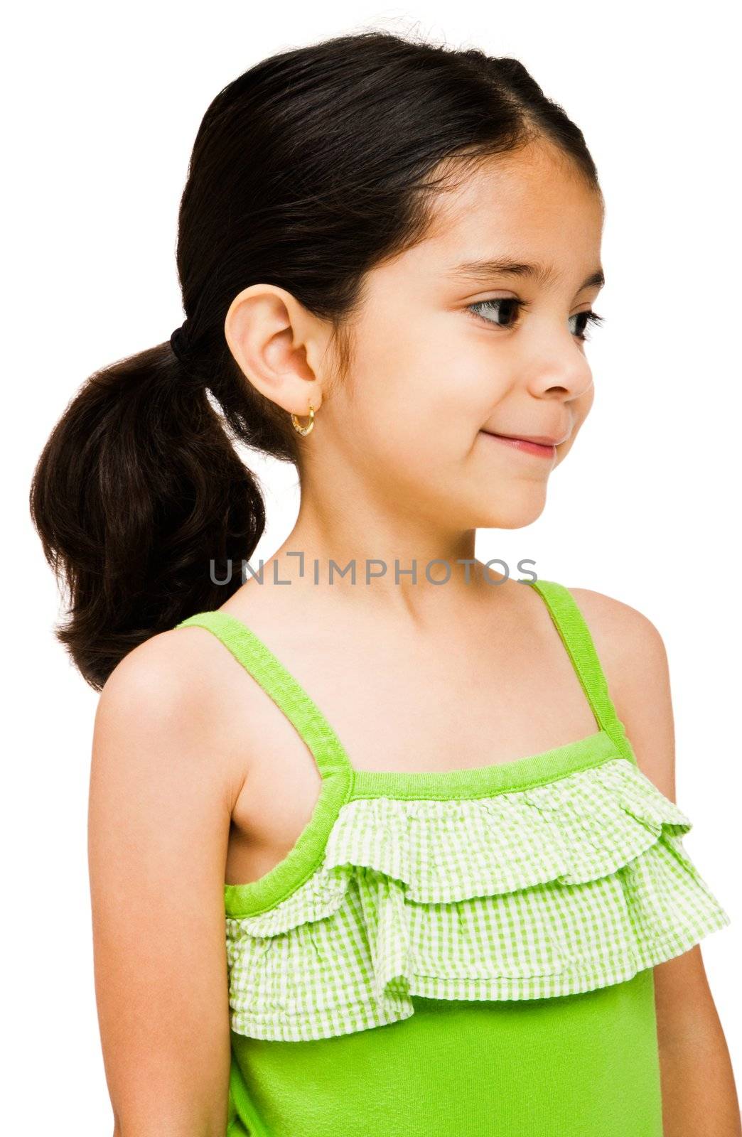 Close-up of a girl day dreaming and smiling isolated over white