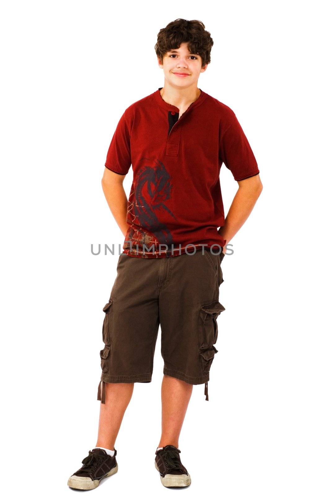 Caucasian boy posing and smiling isolated over white