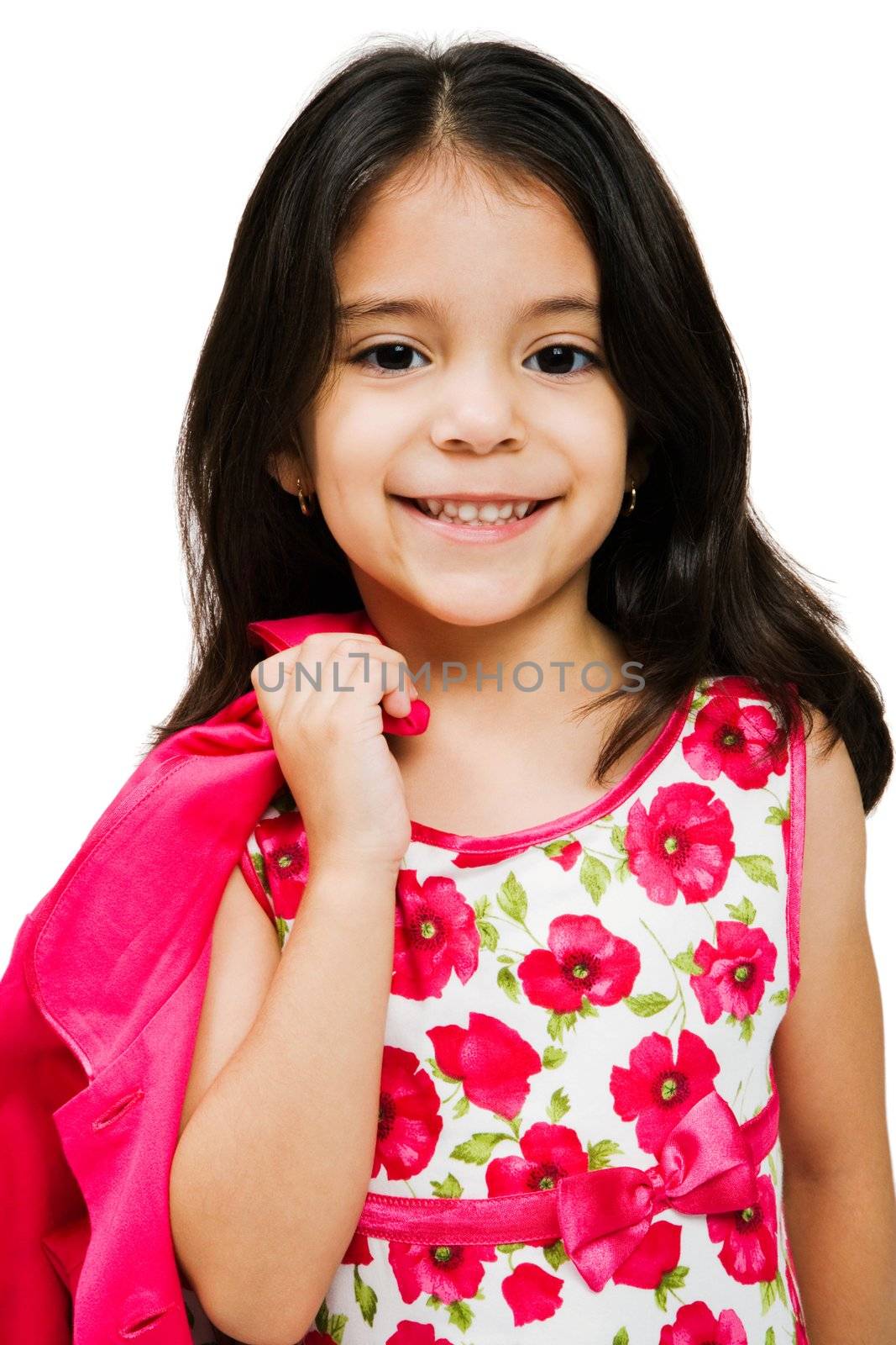 Girl standing and smiling isolated over white