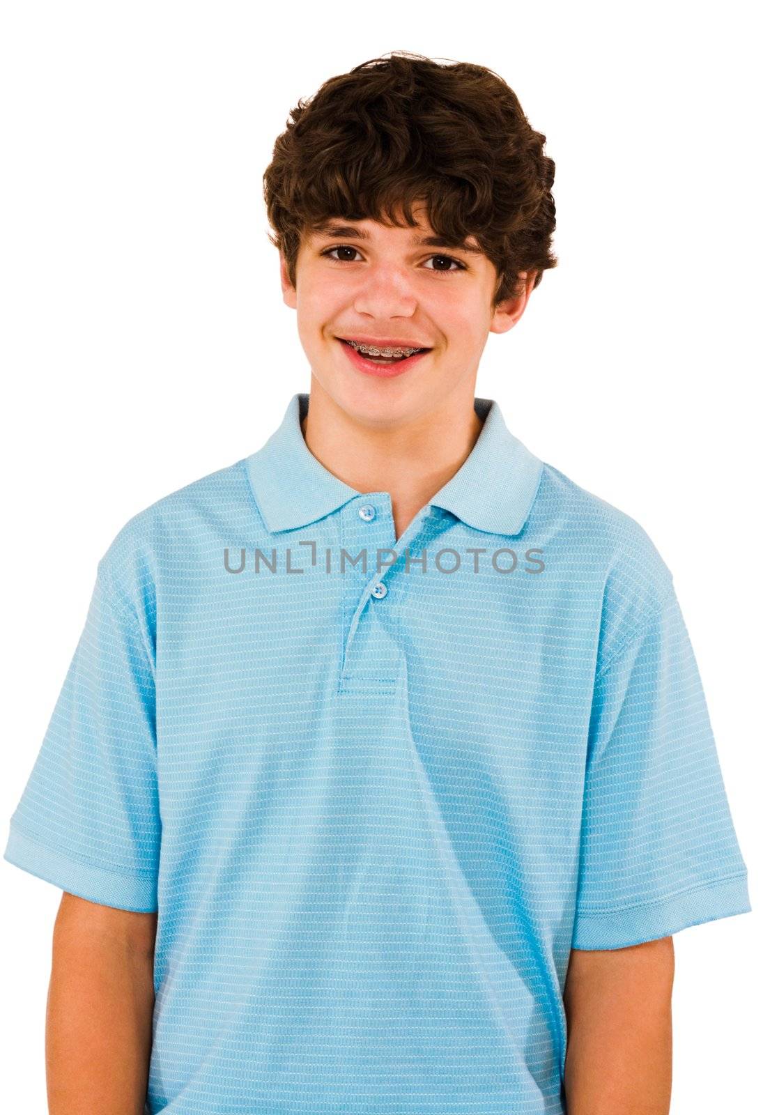 Caucasian boy posing and smiling isolated over white