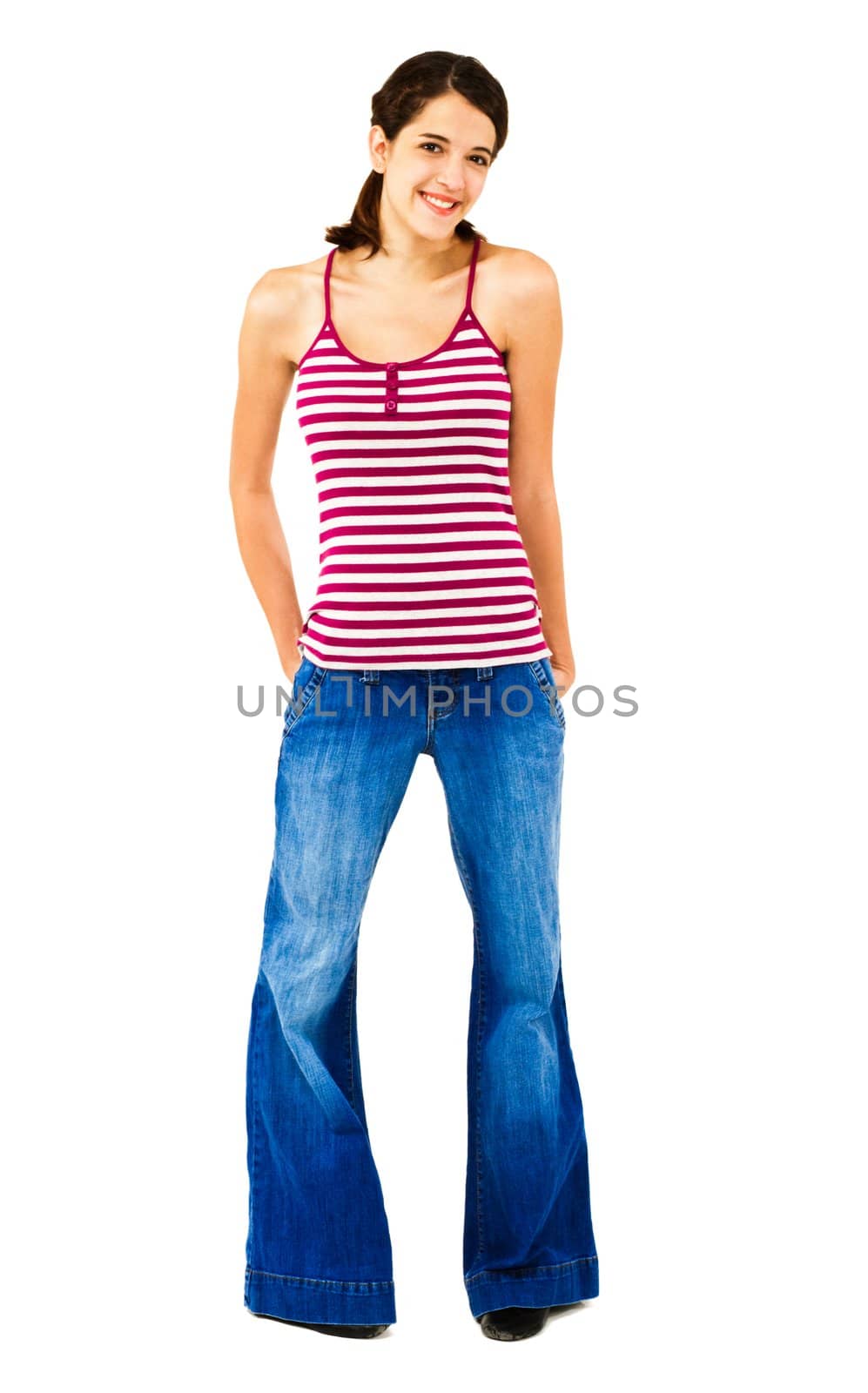 Young woman posing and smiling isolated over white