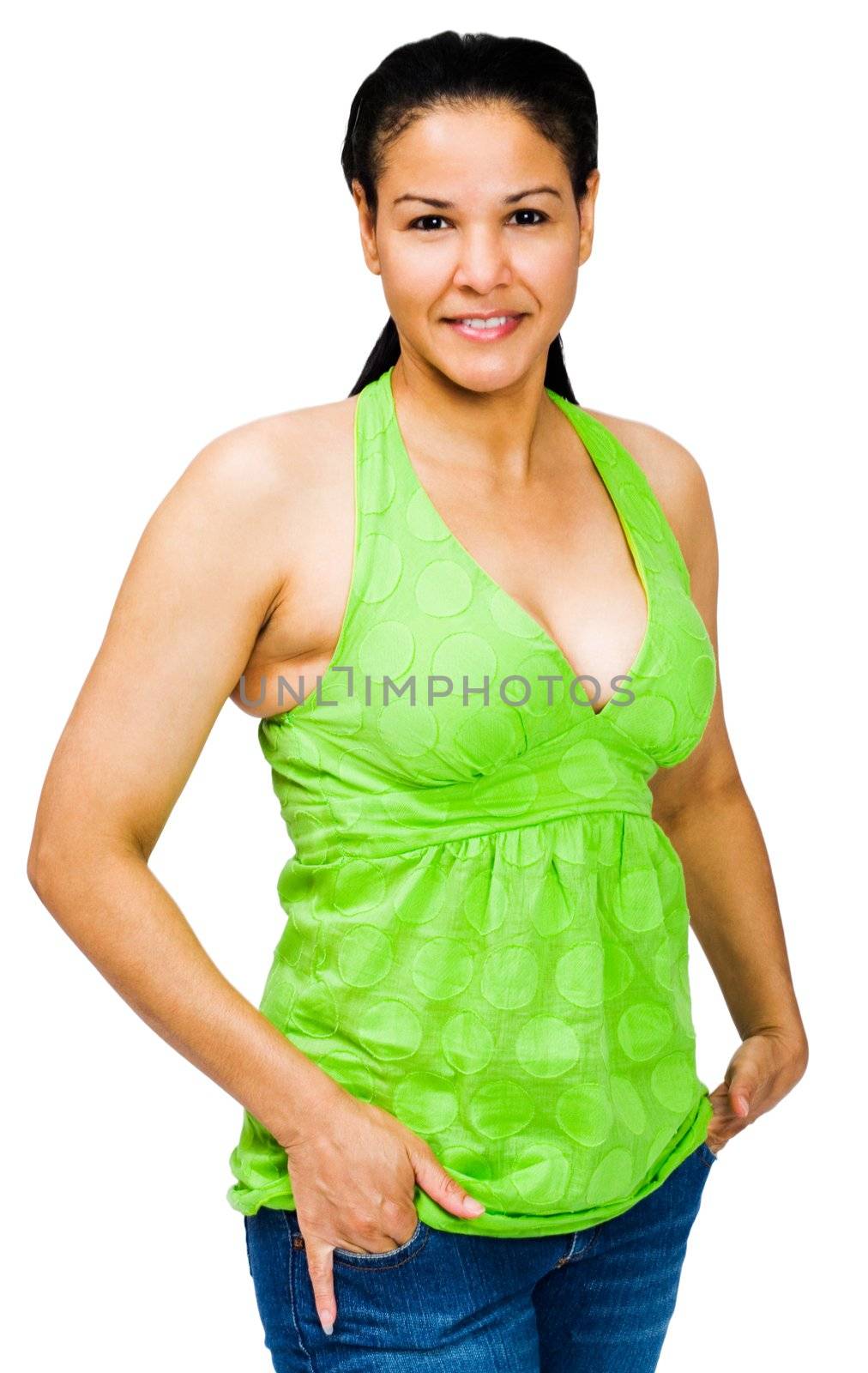 Portrait of a young woman posing and smiling isolated over white