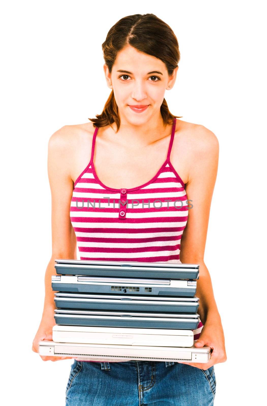 Happy woman holding stack of laptops  by jackmicro