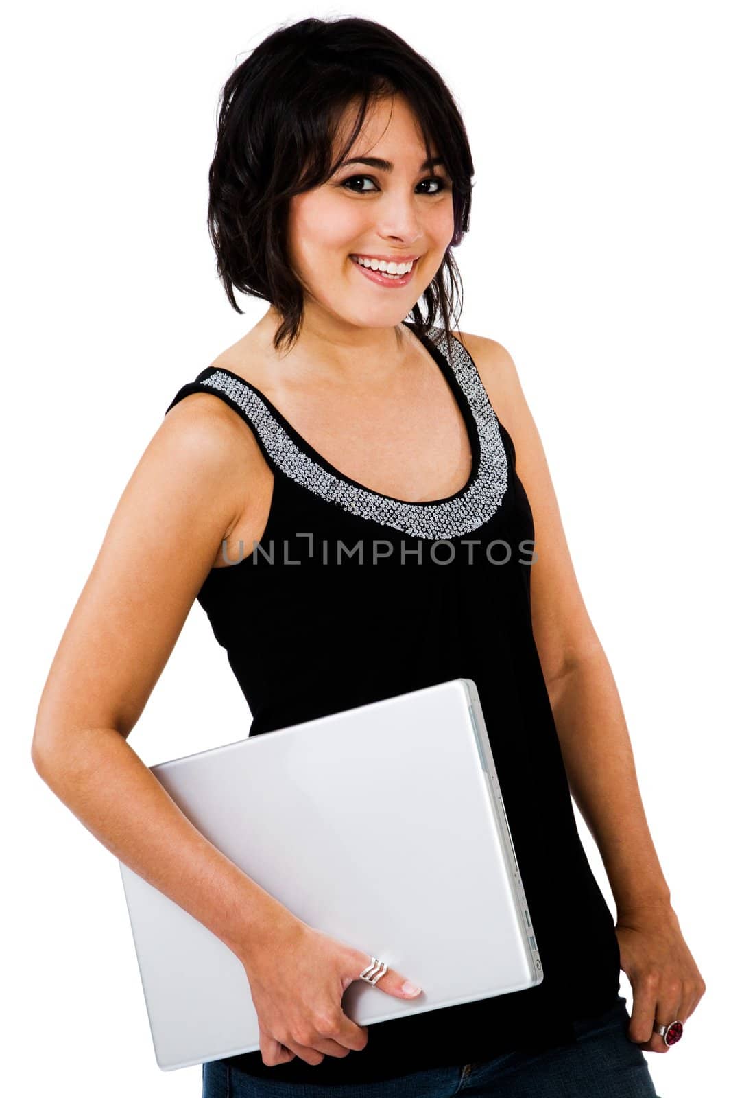 Mixedrace young woman holding a laptop and smiling isolated over white
