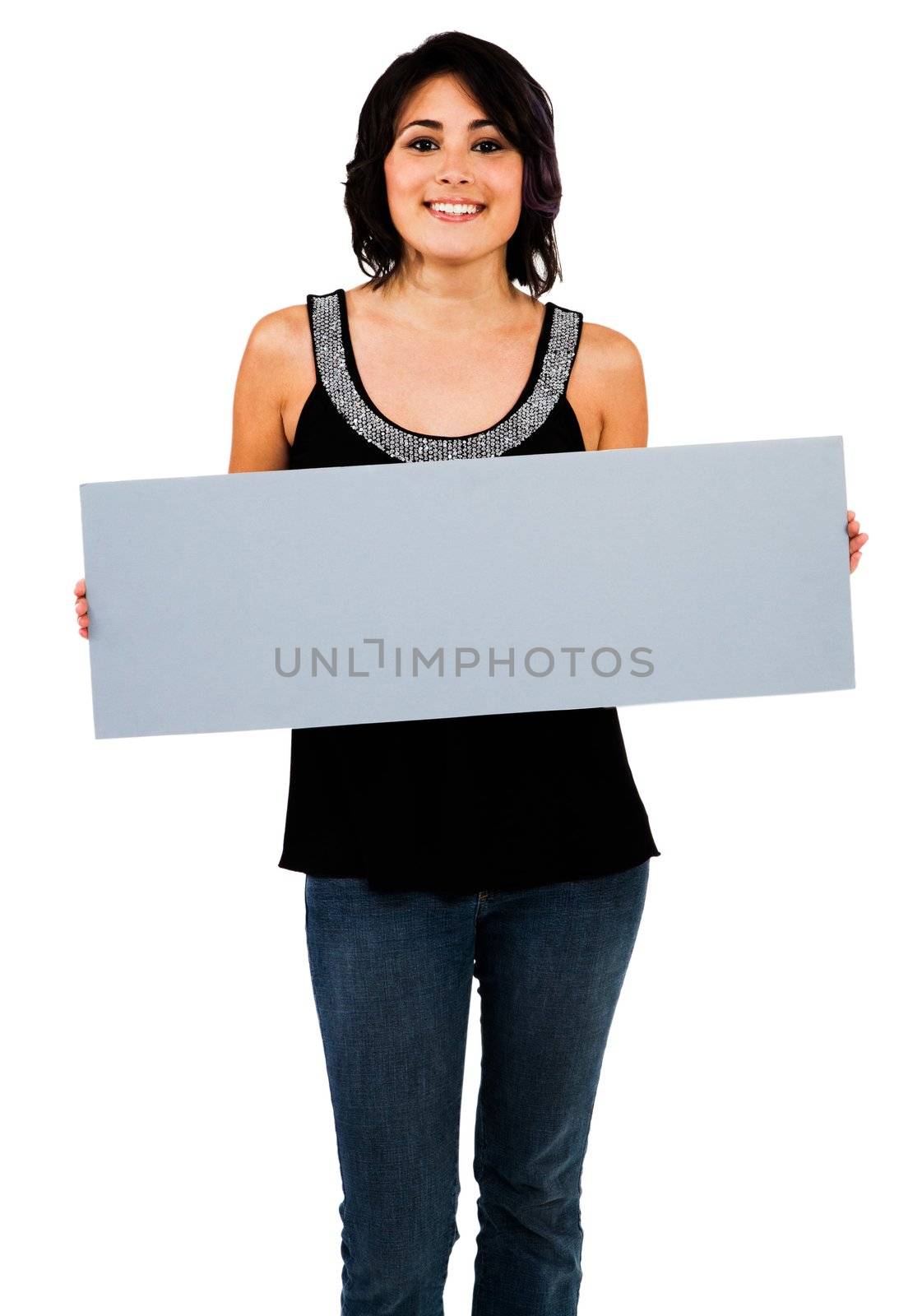 Beautiful woman showing an empty placard isolated over white