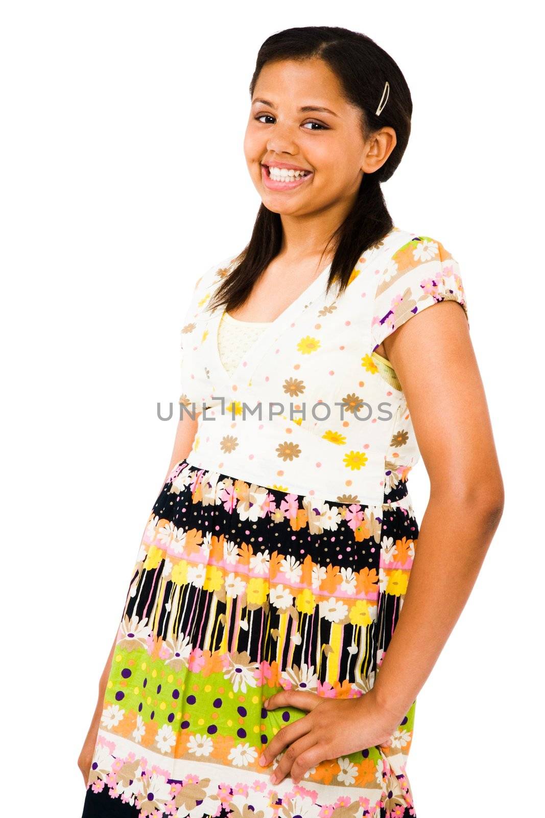 African American teenage girl standing isolated over white
