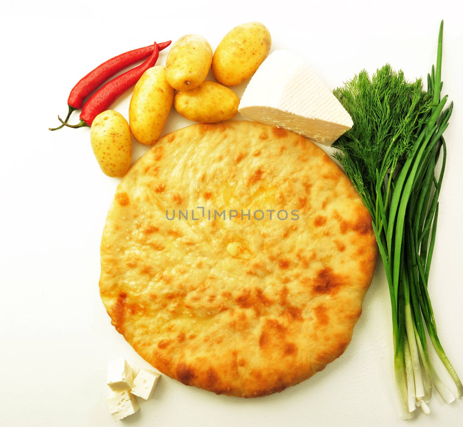  food composition made of flat cake, potato, cayenne, parsley and spring onion
