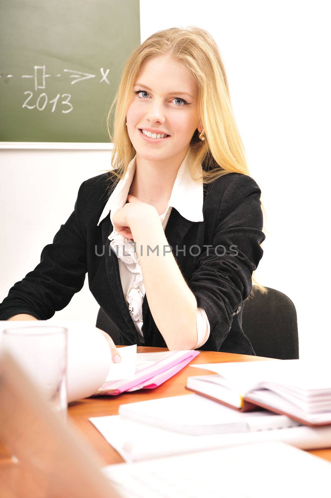 young imposing lady in role of teacher or student
