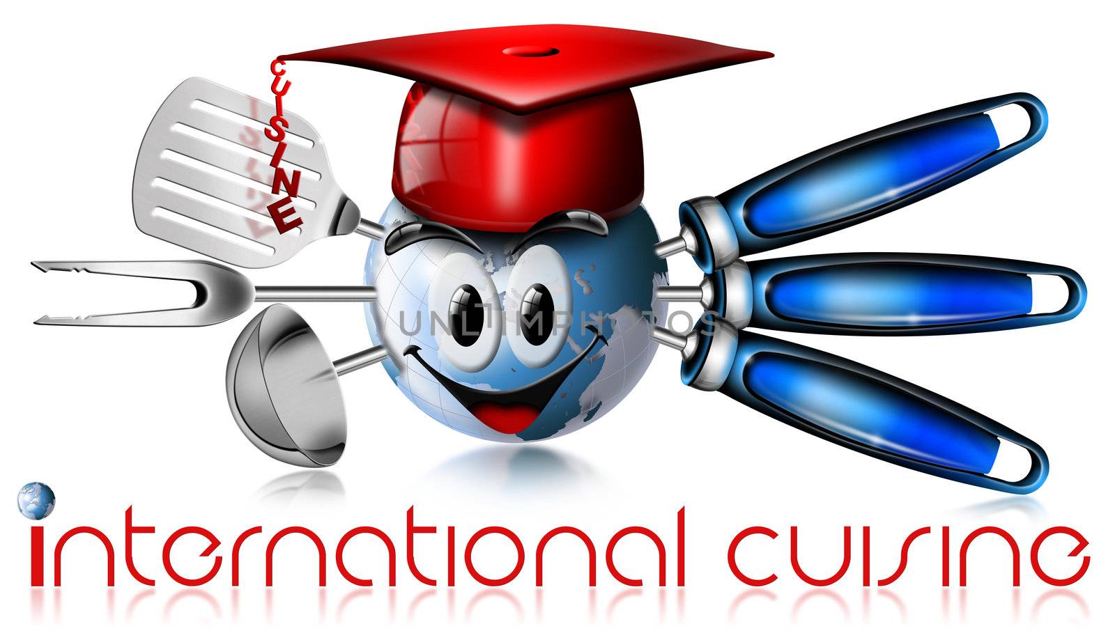 Illustration with three kitchen tools and globe smiling with written "international cuisine"