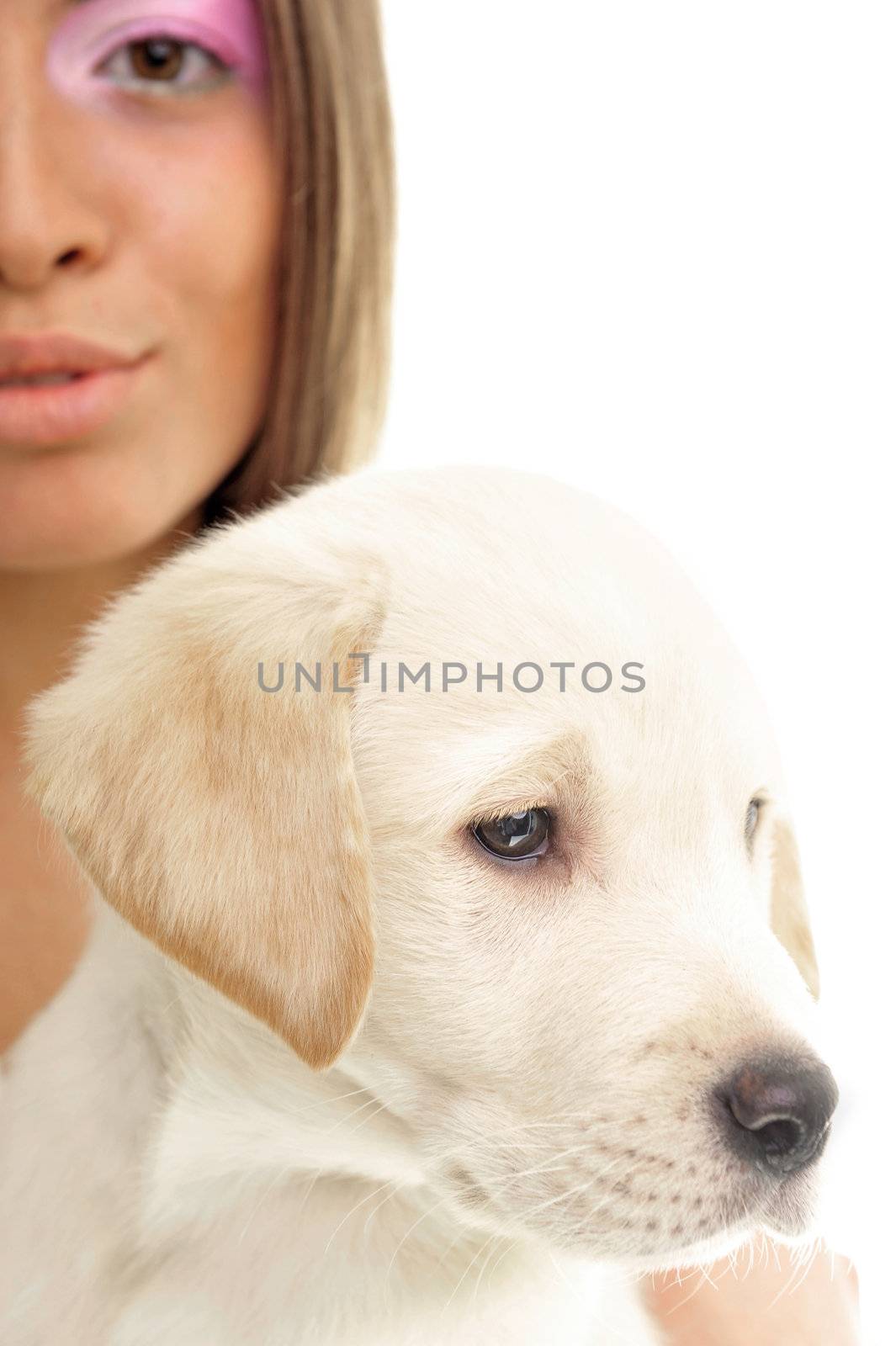 Cheerful young woman with her puppy isolated on white background