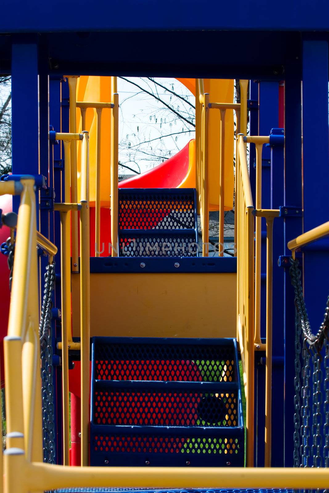 Stairway leads to the slides at the playground.