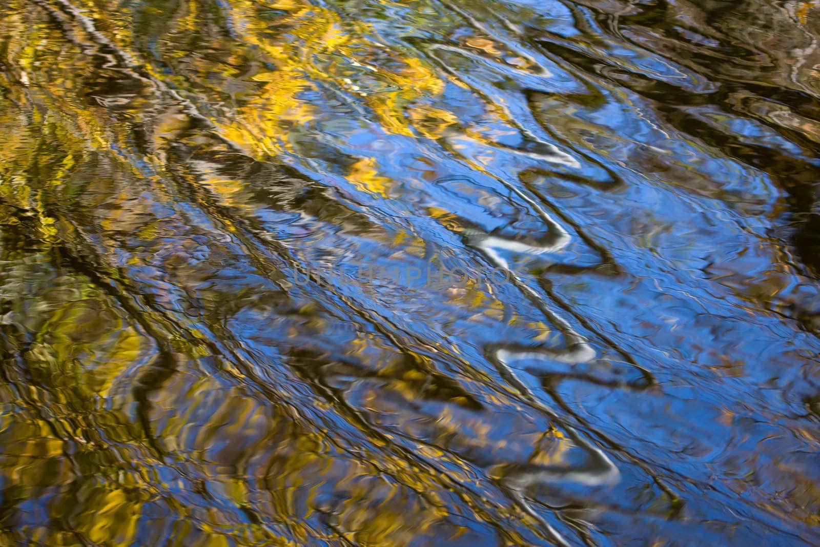 Wavy reflections of autumn colors in the water.