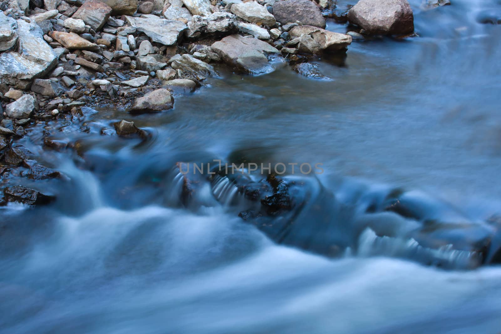 Long exposure of water flowing down the river.