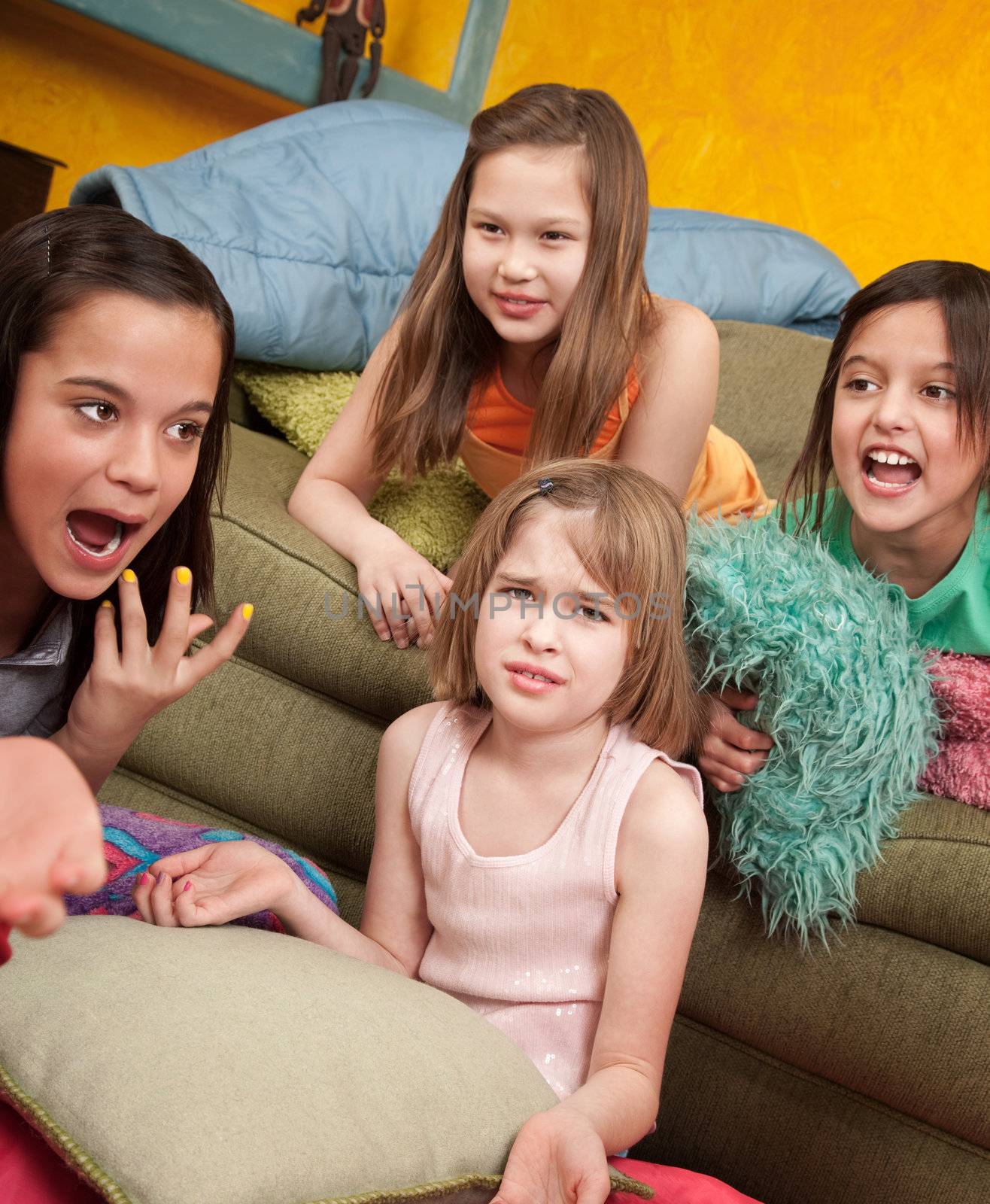 Four little outraged girls at a sleepover