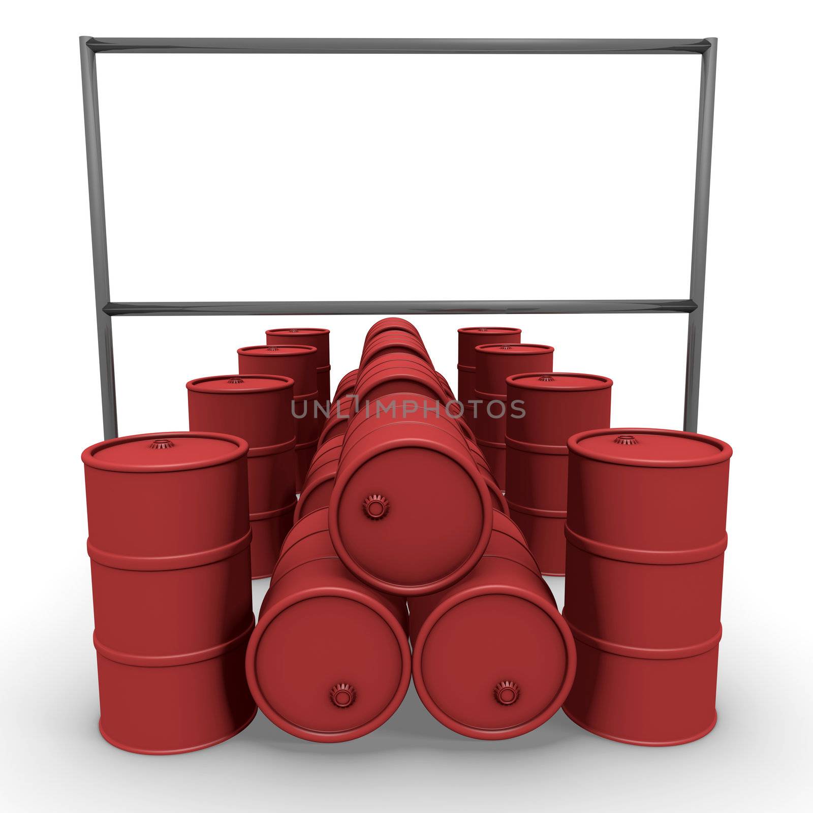 Abstract 3d-illustration: red barrels with blank billboard