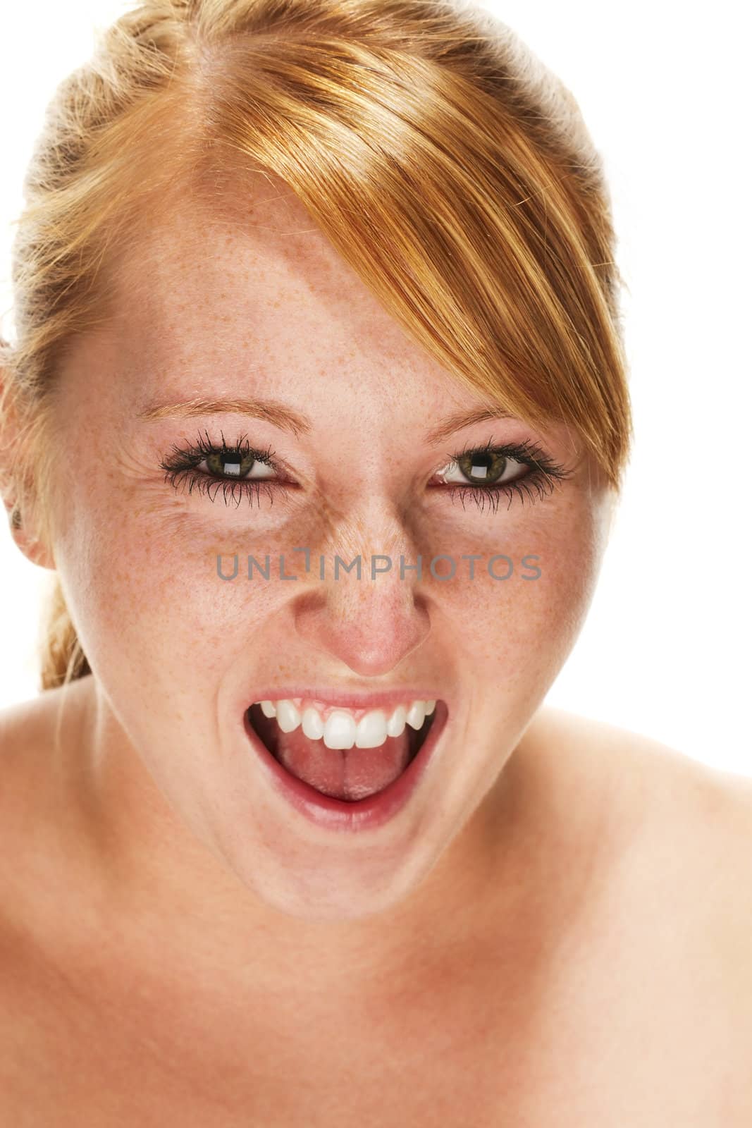 young redhead woman screaming on white background
