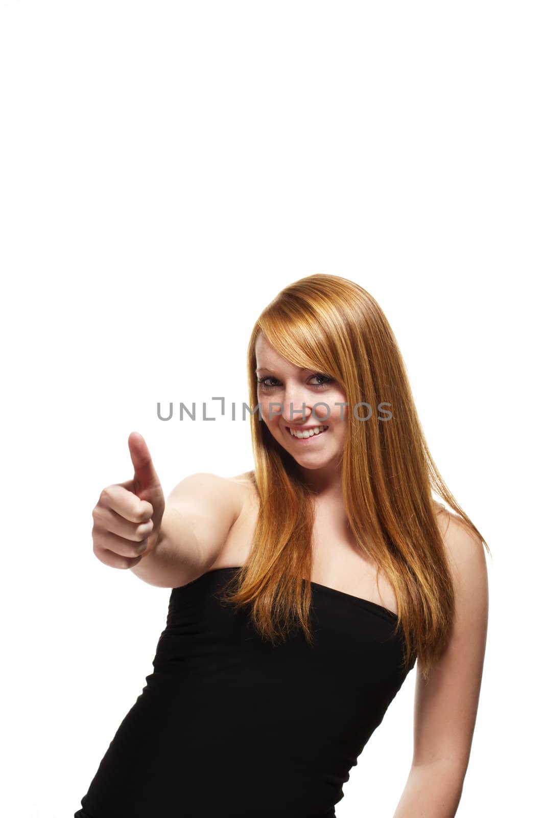 young redhead woman showing thumbs up on white background