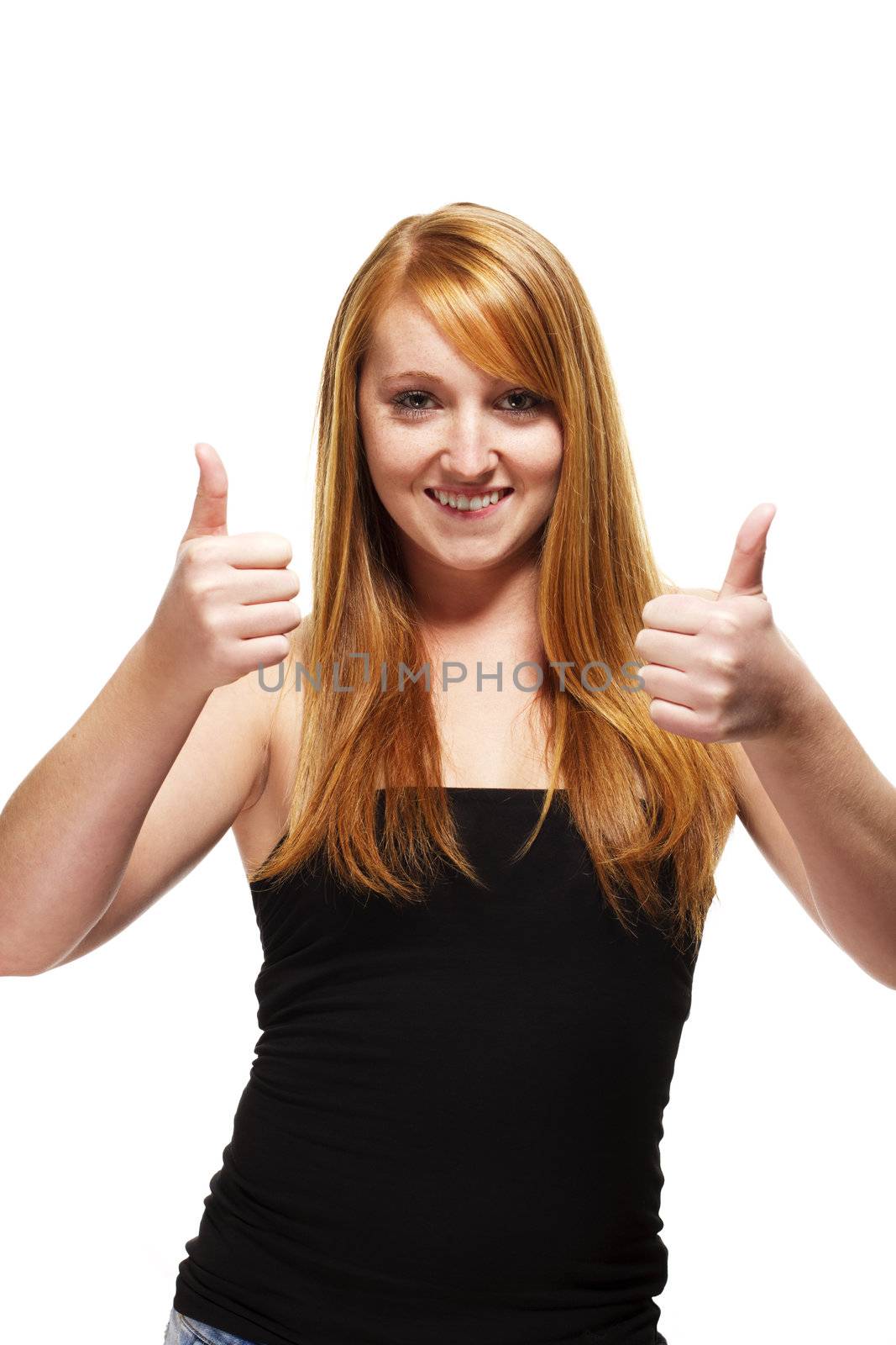 young redhead woman showing two thumbs up on white background
