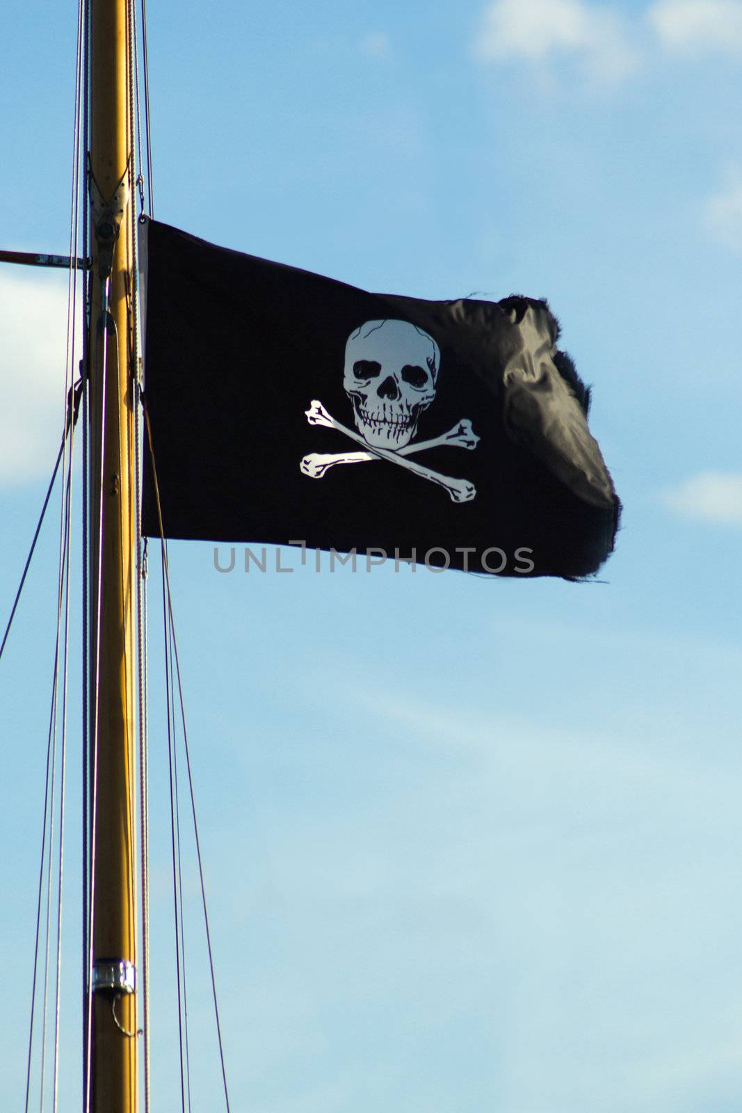 Pirate ship flag of the Skull and Crossbones.