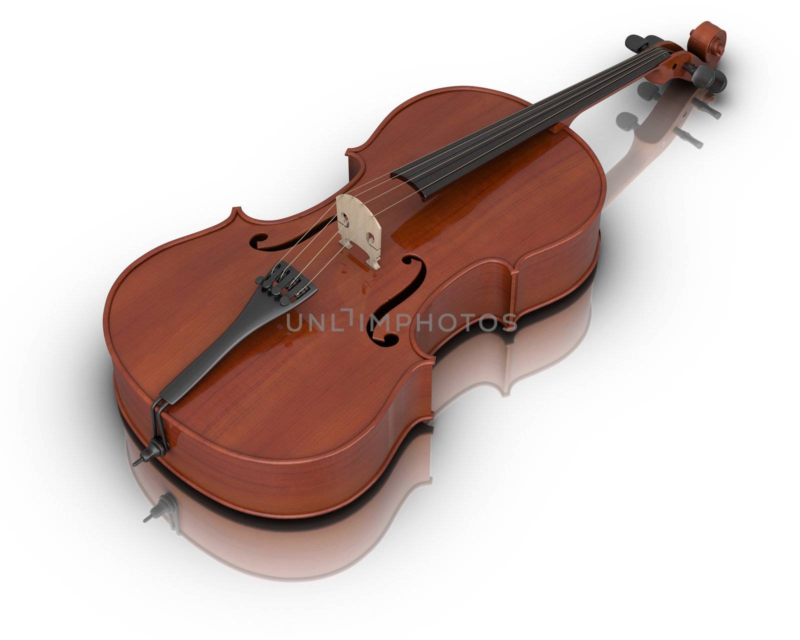 3D rendered cello on white reflective background.