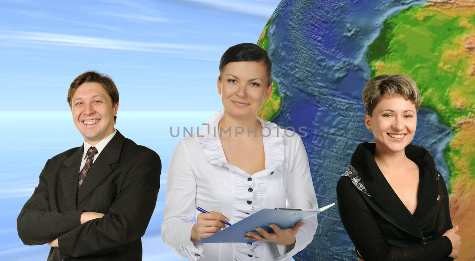 Business people. Group of people and the earth globe on a background.