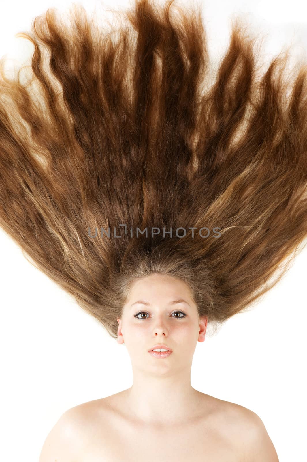 Healthy beautiful long hair closeup in motion created by wind. Isolated on white