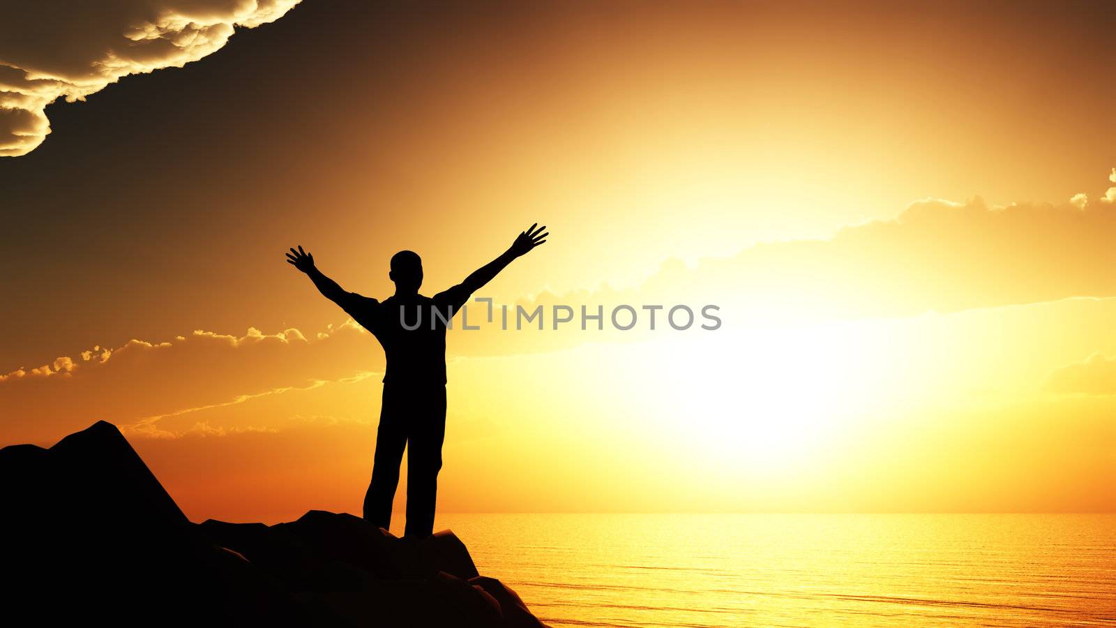 men greeting sun. Stands on hill, ocean and yellow sunset
