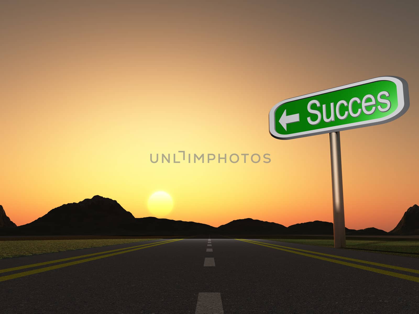 signpost on road. An inscription - Success. Sunset