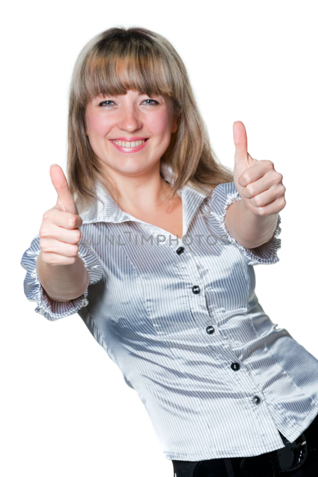 women witth thumb up. It is isolated on a white background