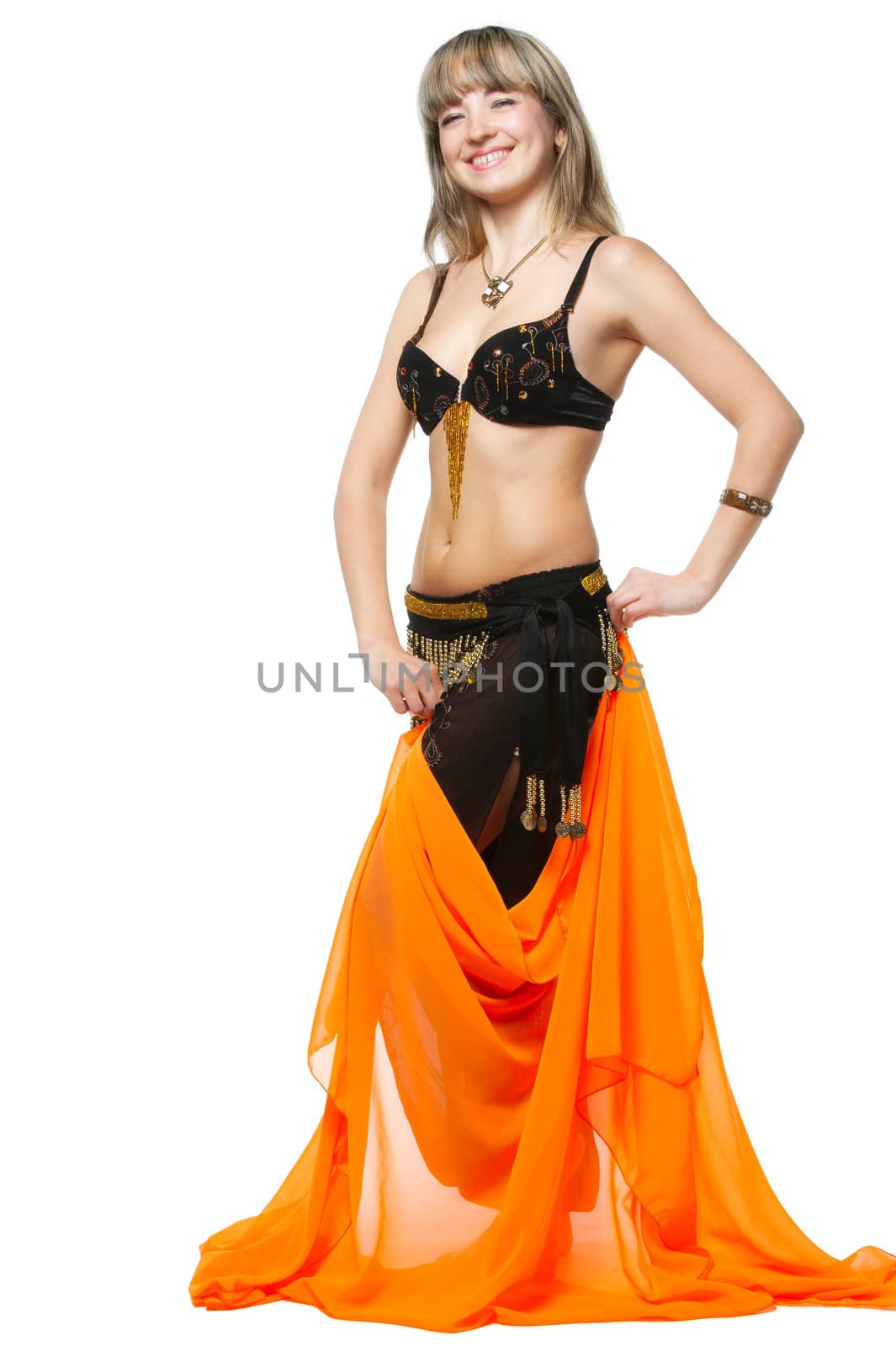 The woman in east dancing suit. Isolated on white background