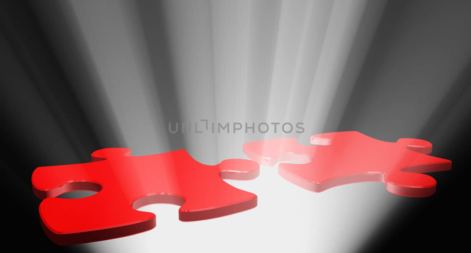 Puzzles red color with light baem. 3D image