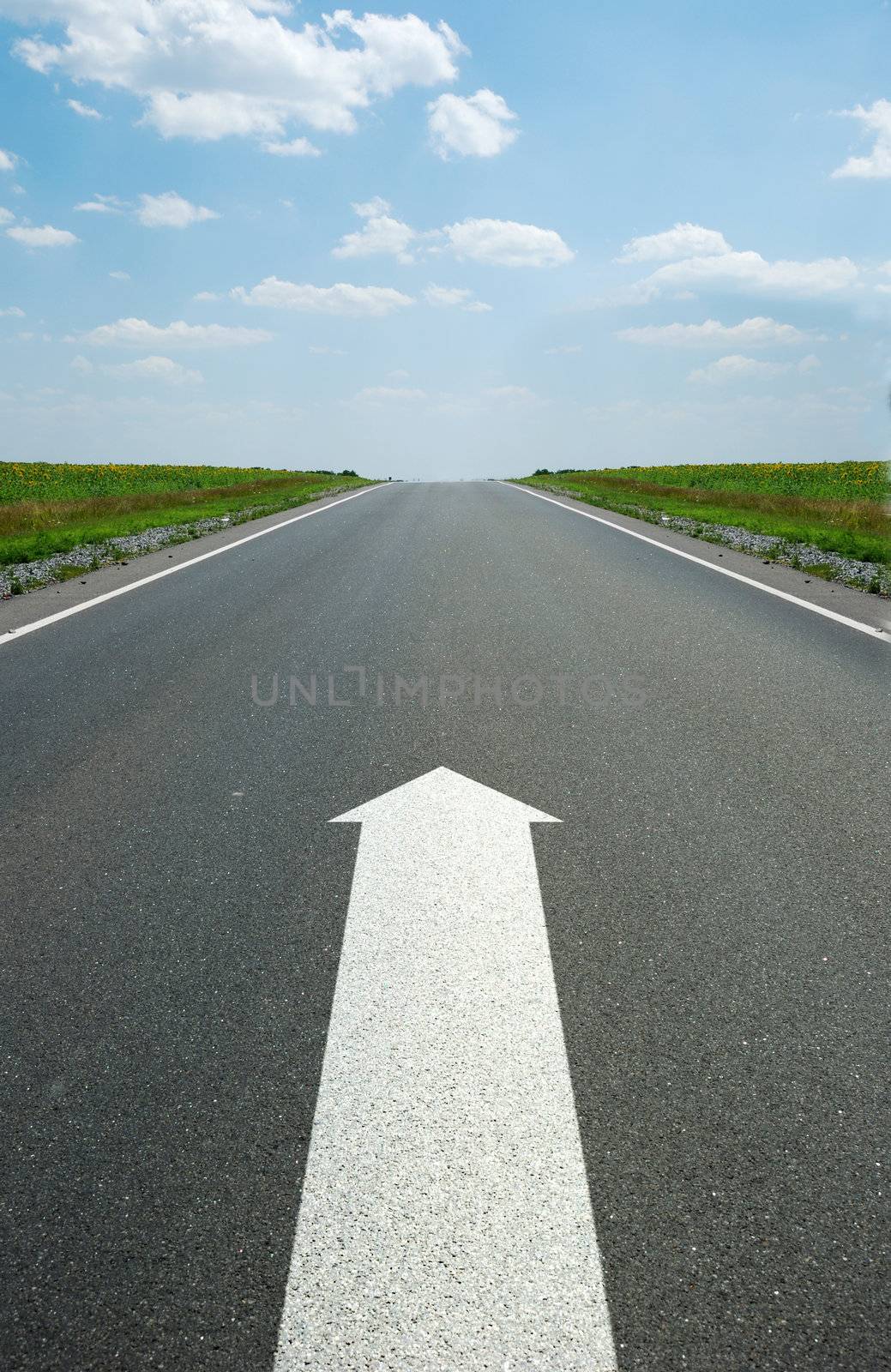 road marking arrow. White arrow at detailed texture asphalt