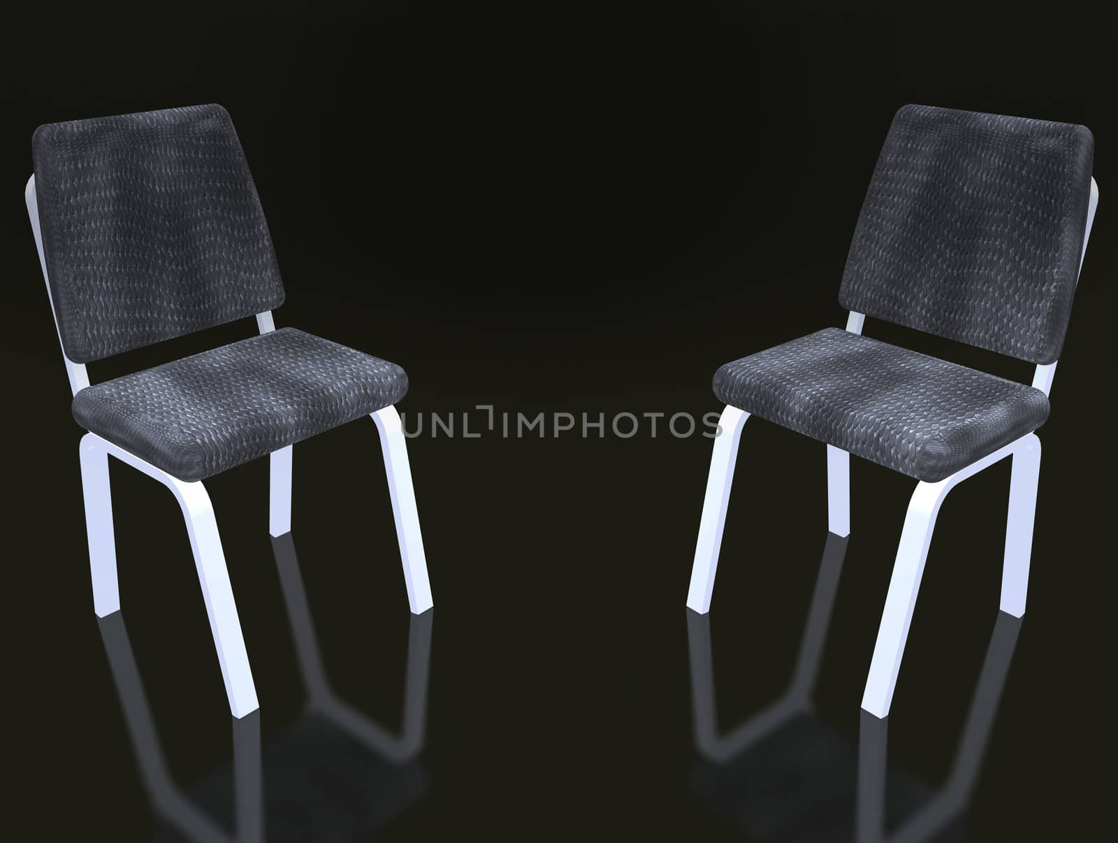 Two armchairs for discussion. On a black background