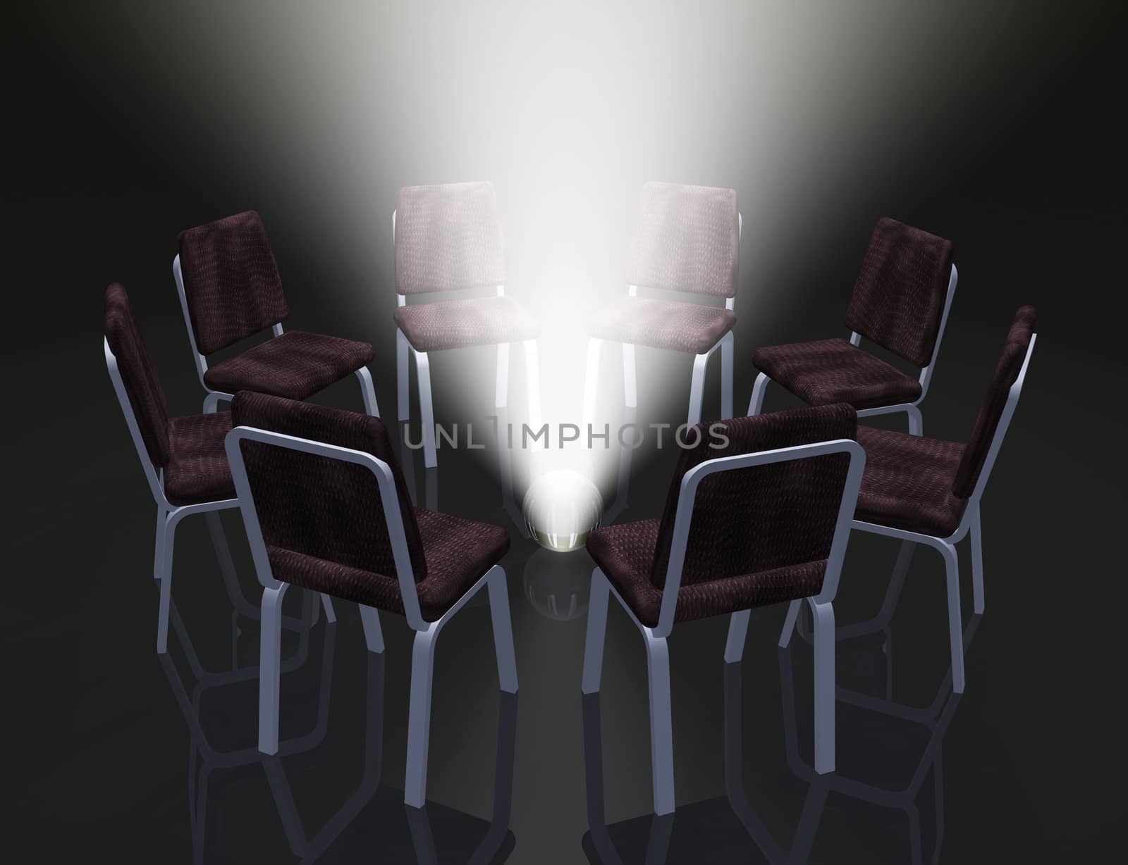 Armchairs placed on a circle and sphere with magic light.Mirror floor