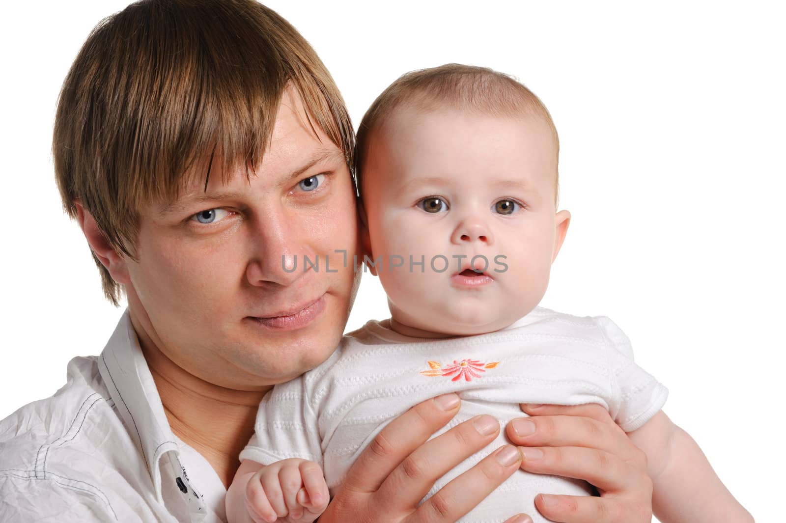 The father and the daughter. The child age of 8 months. It is isolated on a white background