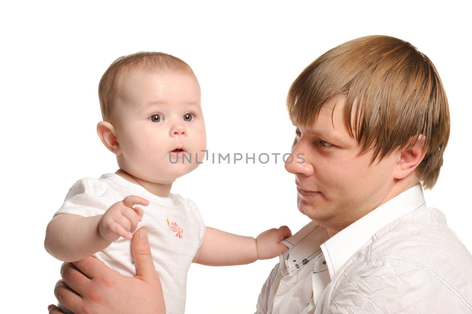 The father and the daughter. The child age of 8 months. It is isolated on a white background