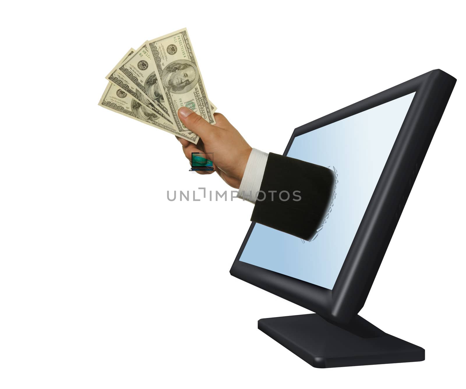 Getting money from monitor. It is isolated on a white background