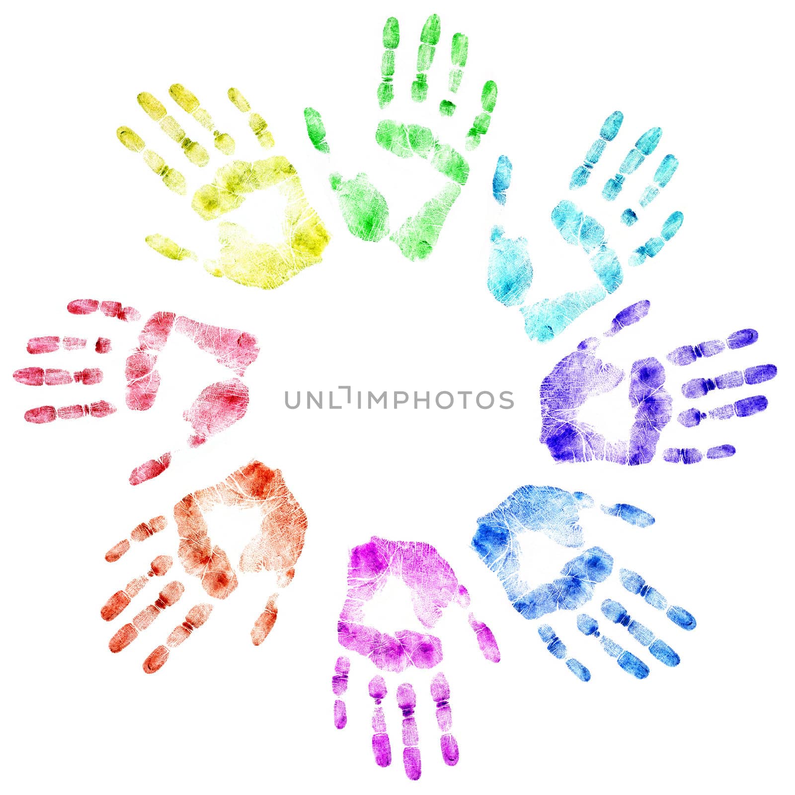 Color print of human hands. The detailed image. It is isolated on a white background