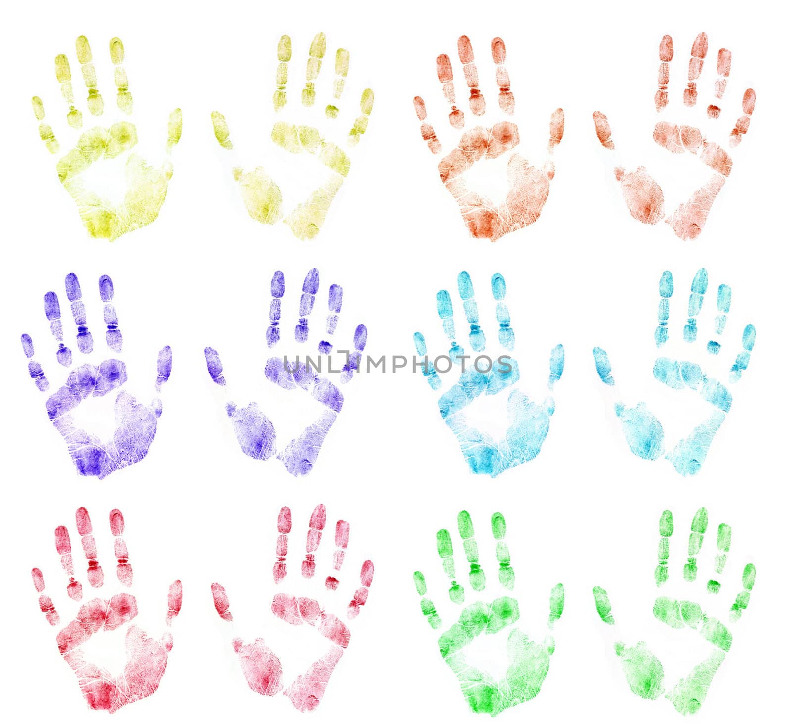 Color print of human hands. The detailed image. It is isolated on a white background