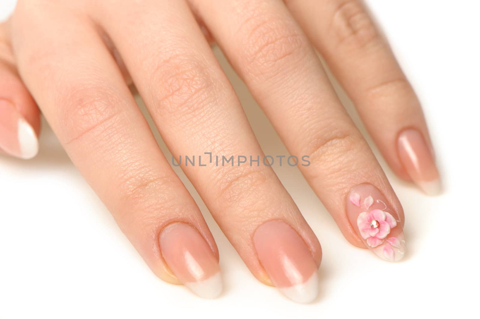 Manicure isolated on white. Well-groomed female hands with a decorative element - a flower
