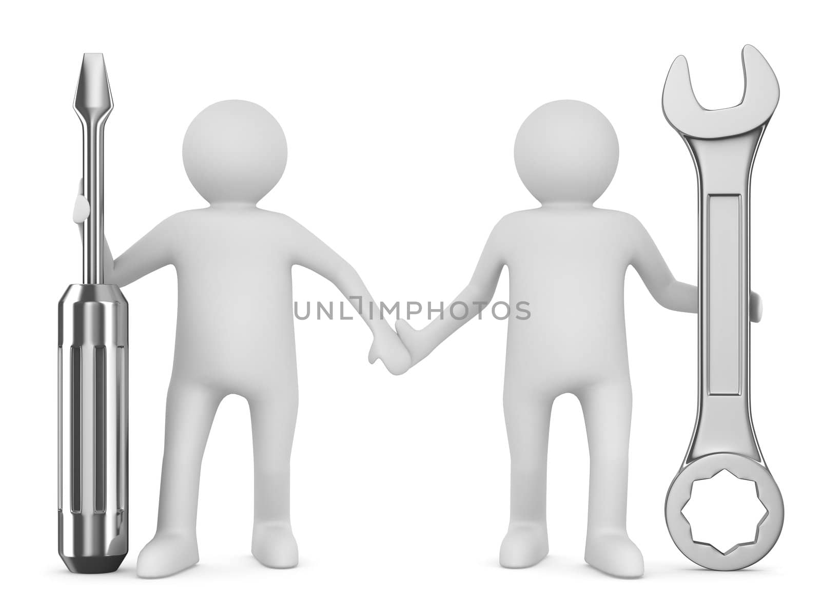 Two man with wrench and screwdriver. Isolated 3D image