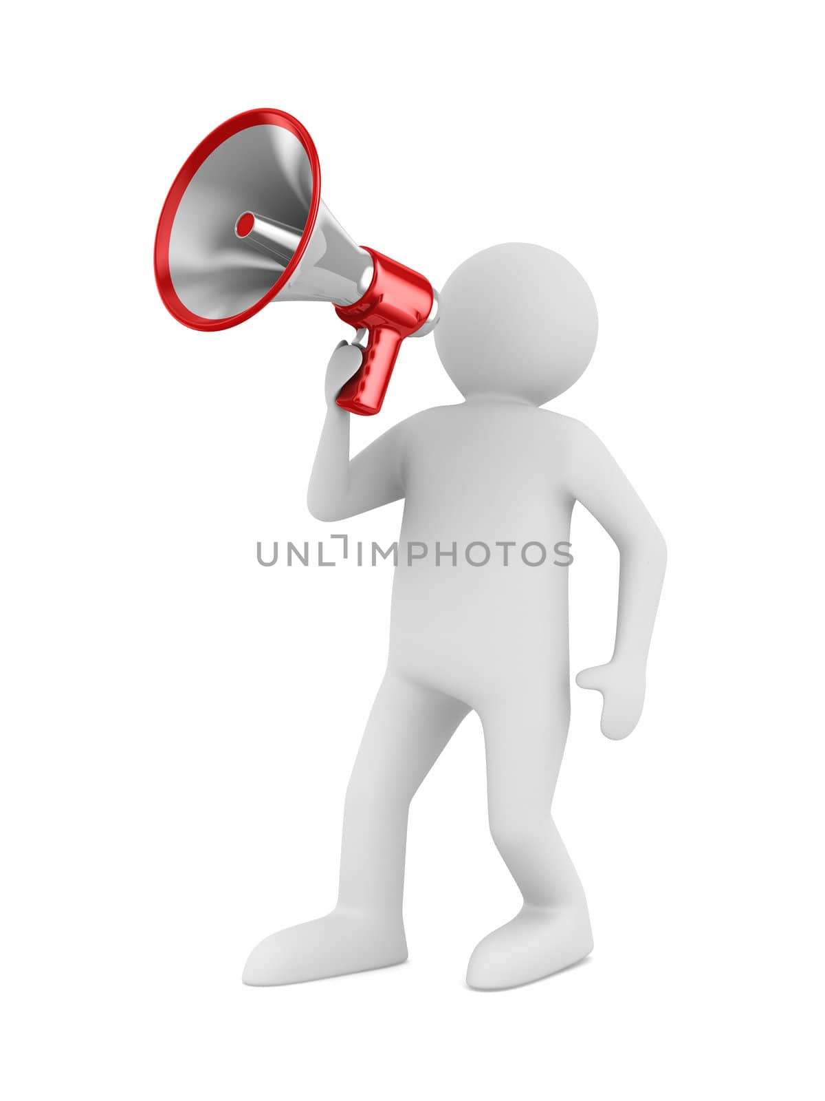 orator speaks in megaphone. Isolated 3D image